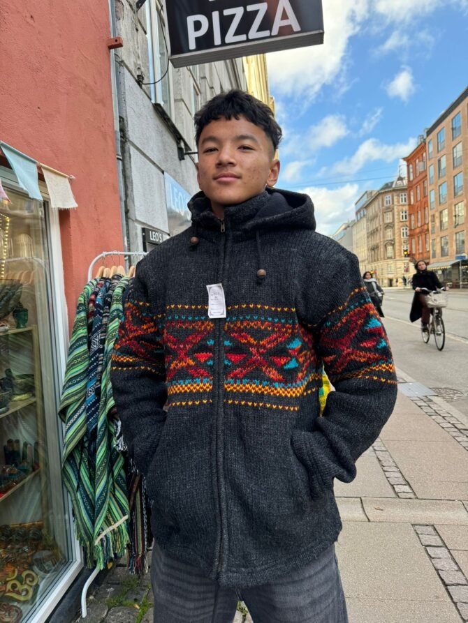 Handmade Woolen Jacket with Vibrant Tribal Pattern – Nepali Artisan Hoodie